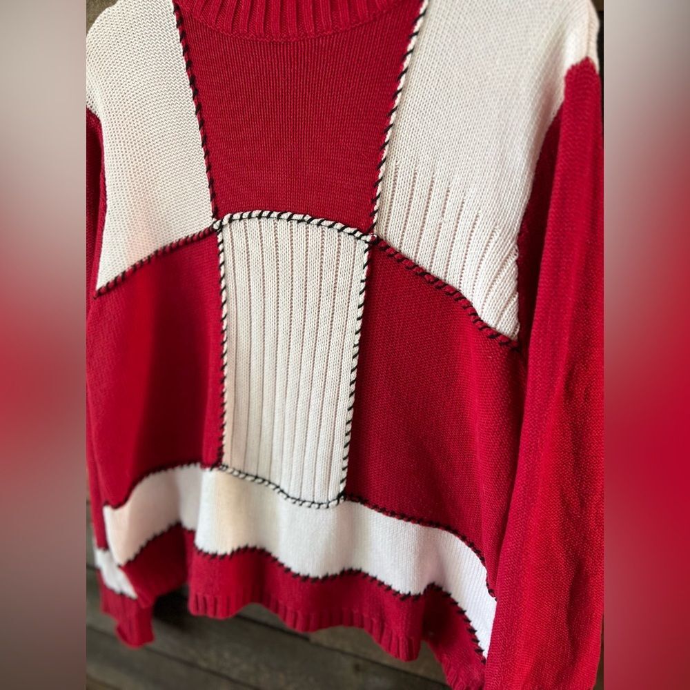 Vintage Liz Claiborne Lizsport Red White Patchwork Knit Sweater Cotton L - Picture 5 of 9